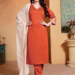VAAZI CREATOR Women Ethnic Motifs Yoke Design Regular Thread Work Kurti with Trousers & With Dupatta-picture-41