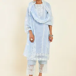 Soch Blue & White Floral Embroidered Chanderi Silk Kurta With Trousers & Dupatta-image-49