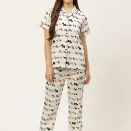 Rapra The Label Women White & Black Cotton Quirky Print Night suit With An Eye Mask-image-95