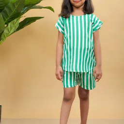 misbis Girls Green & White Striped Night Suit-image-19