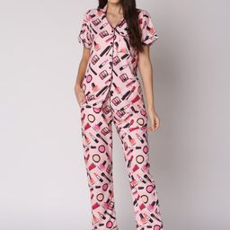 Pyjama Party Women Pink & Orange Printed Night suit-image-53