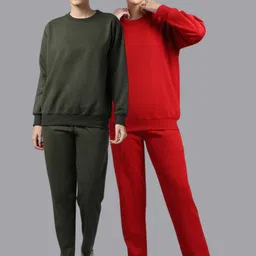mack jonney VIMAL JONNEY Women Pack Of 2 Olive Green & Red Solid Fleece Tracksuits-picture-8
