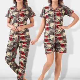 Be You Women Brown & Red Printed Lapel Collar Night Suits-image-90
