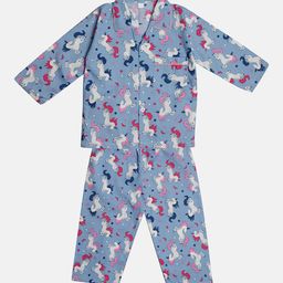 TINY HUG Boys Blue & White Printed Pure Cotton Night suit-92