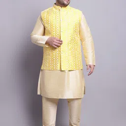 SOJANYA PLUS Dupion Silk Kurta With Pyjamas & With Embroidered Nehru Jacket-image-73