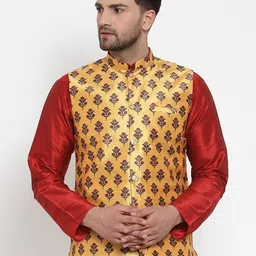 KRAFT INDIA Men Yellow & Red Floral Woven Design Nehrujacket-16