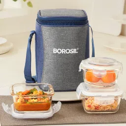 Alora Borosilicate Glass Lunchbox, 3pc Set (320ml x 2 + 240ml x 1) Office Tiffin 3 Containers Lunch Box-8