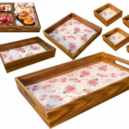 Wooden Serving Trays - Decorative Tray Set of 7 (Theme Flower) Tray-25