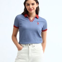 u.s. polo assn. Women Self Design Polo Neck Polyester Blue T-Shirt-picture-20