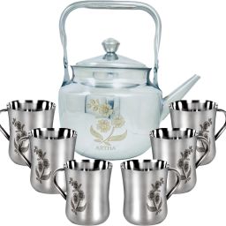ARTHA Kettle Cup Set Pack Of 7 With Matching Laser Printing Desing Include 1 Kettle of 1 Ltr And 6 Cups 200 Ml Each Durable And MIrror Polished Cup And Kettle Jug Glass Set-image-15