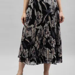 Women Floral Print Pleated Black Skirt-image-33