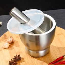 Cold Stainless Steel Mortar Pestle Set with Lid Imam dasta Spice Mixer Silver Masher Manual Dough Press-19