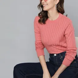 HERE&NOW Women Peach-Coloured Self-Striped Acrylic Pullover-picture-34