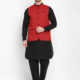 Hangup Men Red Kurta with Pyjamas & Nehru Jacket Set-picture-8
