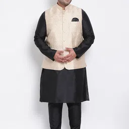 Hangup Men Black Raw Silk Kurta with Pyjamas & Nehru Jacket Set-picture-19