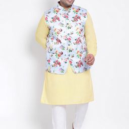 Hangup Men Plus Size Solid Kurta & Trouser with Printed Nehru Jacket-30