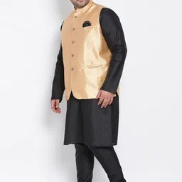 Hangup Men Plus Size Raw Silk Kurta with Pyjama & Nehru Jacket image 4