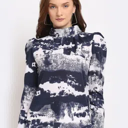 La Zoire Black & White Abstract Printed High Neck Crepe Regular Top-image-53