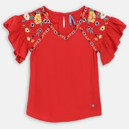 Blue Giraffe Red Embroidered Detail Bell Sleeves Regular Top-image-5