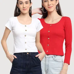 Miaz Lifestyle Women Set of 2 Red & White Solid Scoop Neck Regular Top-16