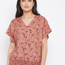 Crimsoune Club Peach-Coloured & Black Floral Extended Sleeves Shirt Style Top-28