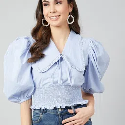Athena Blue Smocked Peter Pan Collar Top-picture-26
