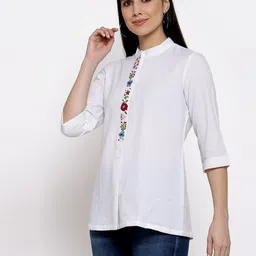 DART STUDIO White Mandarin Collar Linen Regular Top image 4