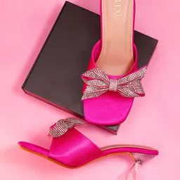 KLEXIO Embellished Open Toe Block Heels With Bow-18