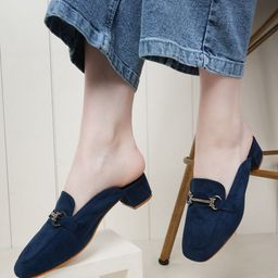 DressBerry Blue Buckles Detail Block Heeled Mules-53