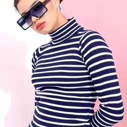Tokyo Talkies Women Navy Blue & White Striped Acrylic Pullover-image-92