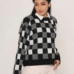 KASMA Women Black & White Checked Wool Pullover-picture-19
