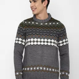 AMERICAN EAGLE OUTFITTERS Men Grey & Olive Green Printed Pullover Sweater-image-3