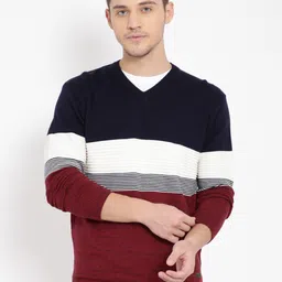 t-base Men Red & Navy Blue Striped Cotton Pullover Sweater-image-73