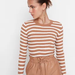 Trendyol Women Camel Brown & White Striped Pullover-8