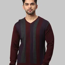 Park Avenue Men Maroon & Grey Acrylic Striped Pullover-picture-22