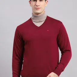 Monte Carlo Solid V-Neck Woollen Pullover Sweater-image-64