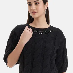 Kazo Cable Knit Self Design Embellished Detailed Crop Pullover-5