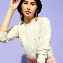 STREET 9 Women Cream-Coloured Acrylic Cable Knit Pullover Sweater-picture-26