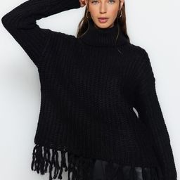 Trendyol Cable Knit Self Design Turtle Neck Fringed Pullover Sweater-46