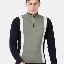 t-base Men Olive Green & Black Colourblocked Cotton Pullover Sweater-image-26