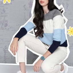 Harvard Women Blue & White Colourblocked Pullover-image-76