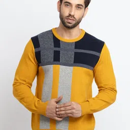 Status Quo Men Mustard & Blue Colourblocked Cotton Pullover Sweater-image-75