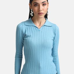 Kazo Women Blue Ribbed Pullover-picture-19