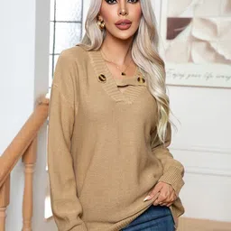 StyleCast Khaki V-Neck Acrylic Pullover-image-61