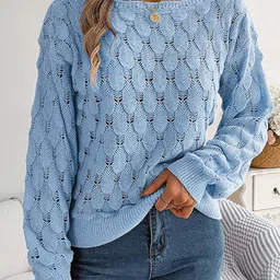 StyleCast Blue Self Design Open Knit Pullover Acrylic Sweater-image-28