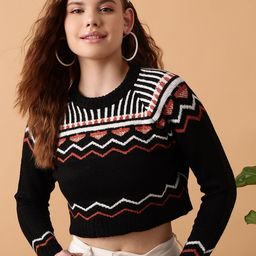 STREET 9 Cable Knit Self Design Crop Acrylic Pullover Sweater-32
