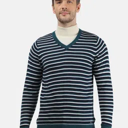 Monte Carlo Men Green & White Striped Pullover-image-45