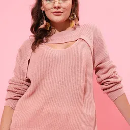 STREET 9 Women Peach-Coloured Cable Knit Longline Pullover-picture-22