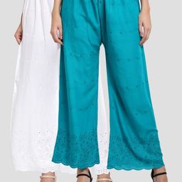 Miaz Lifestyle Set-2 Women White & Teal 2 Ethnic Motifs Embroidered Ethnic Palazzos-image-51