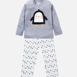 Nite Flite Unisex Kids Grey & White Pure Cotton Printed Night suit-image-78